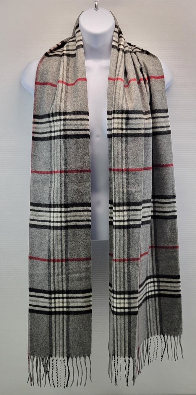 G) Lord & Taylor Acrylic Winter Plaid Fringe Scarf Red Gray Black